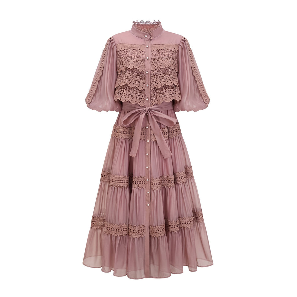 Samantha Midi Dress Pink Lace Cutout Puff Sleeve Belted Tiered Skirt Button Fastening