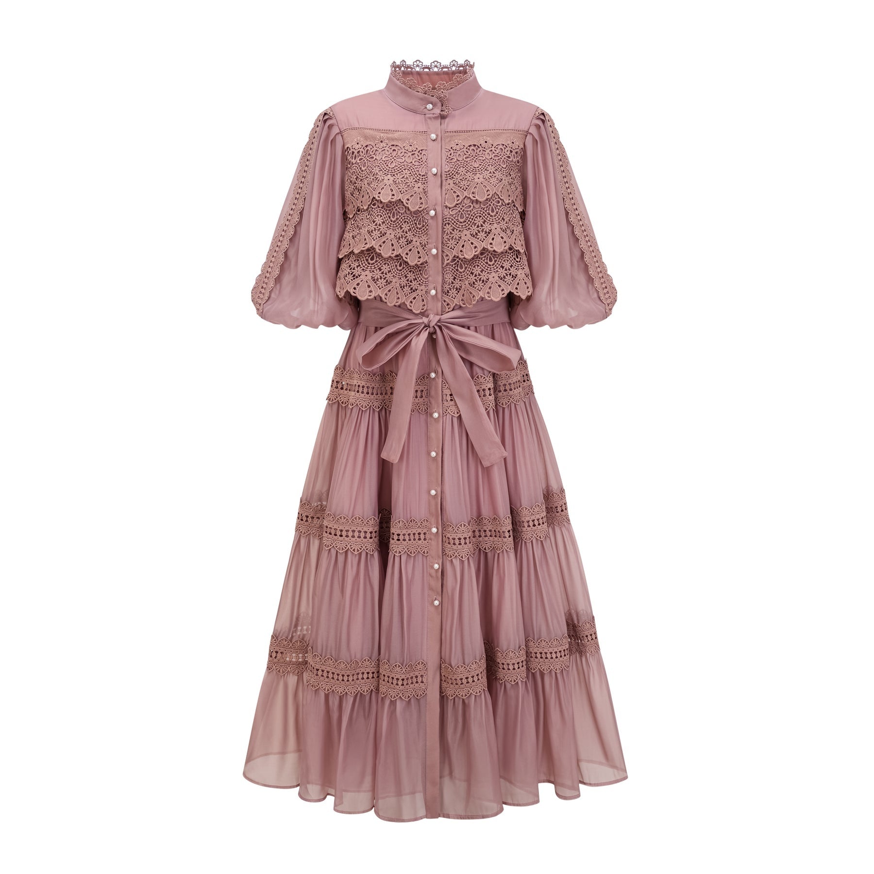 Samantha Midi Dress Pink Lace Cutout Puff Sleeve Belted Tiered Skirt Button Fastening