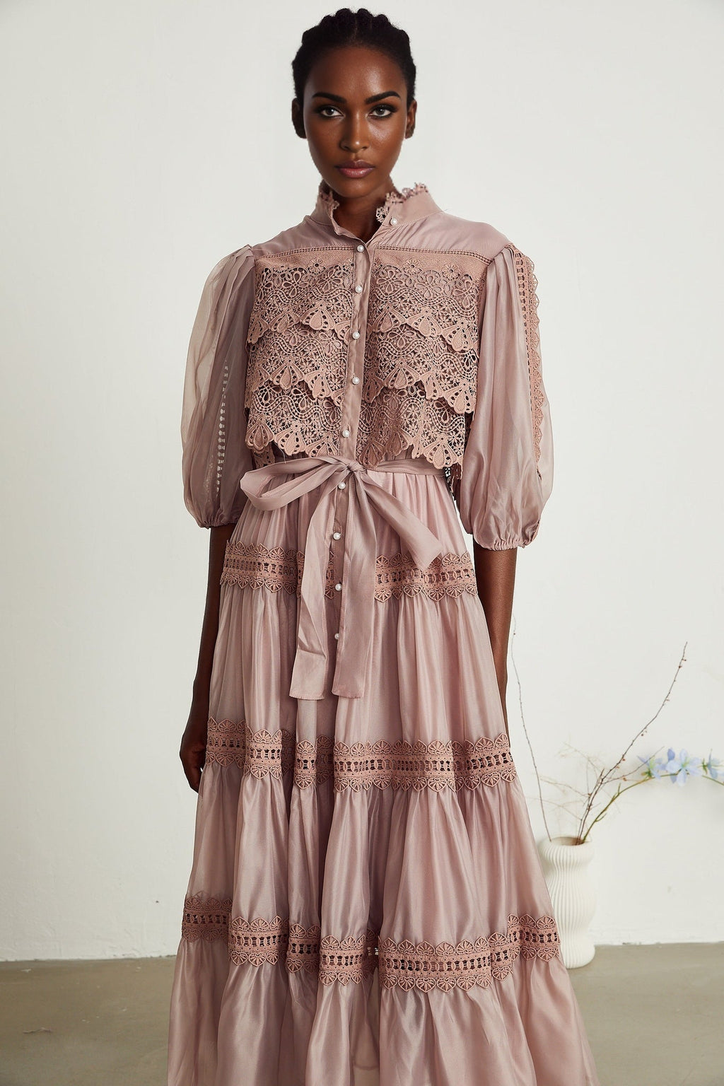 Samantha Midi Dress Pink Lace Cutout Puff Sleeve Belted Tiered Skirt Button Fastening