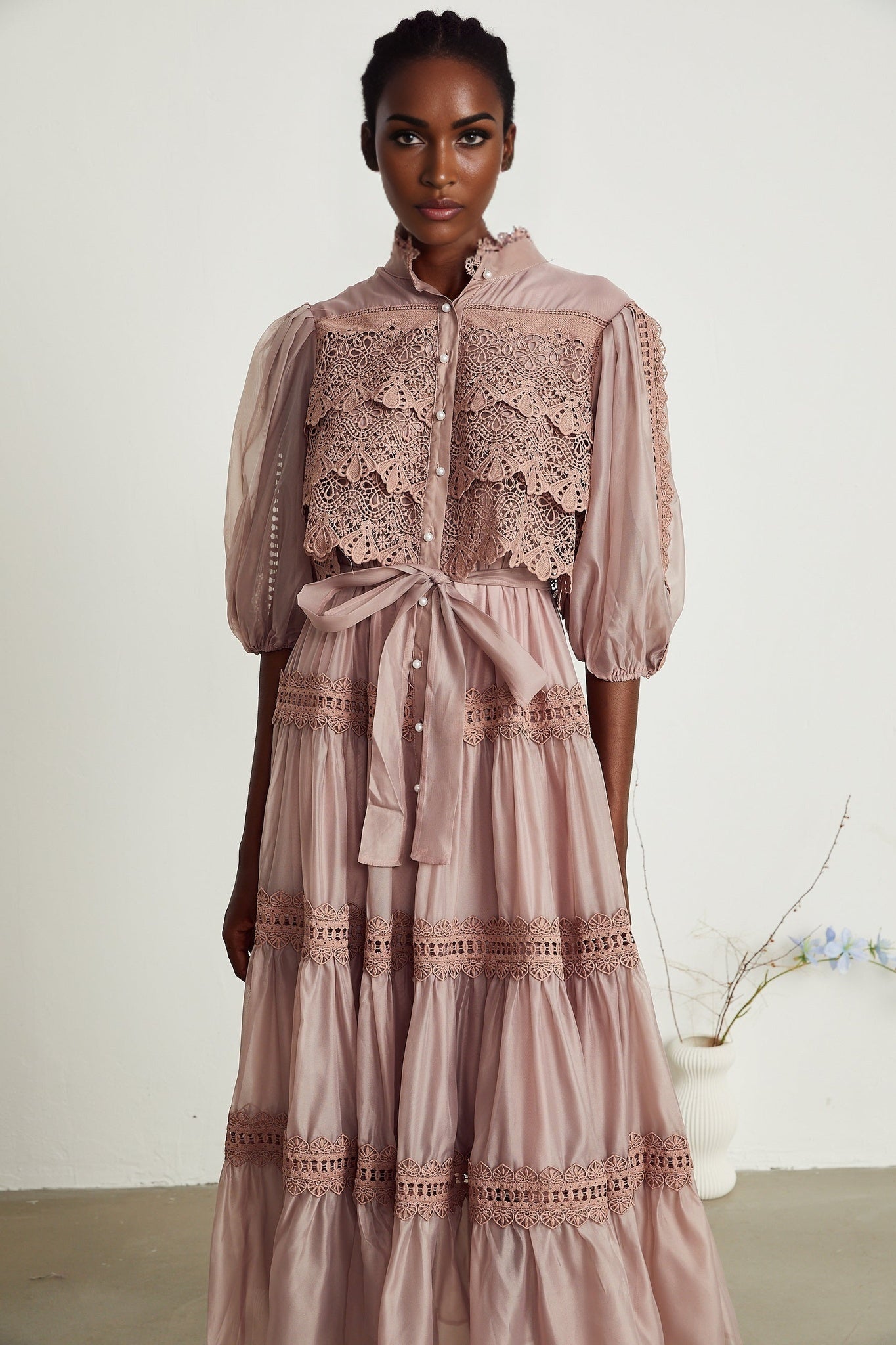 Samantha Midi Dress Pink Lace Cutout Puff Sleeve Belted Tiered Skirt Button Fastening
