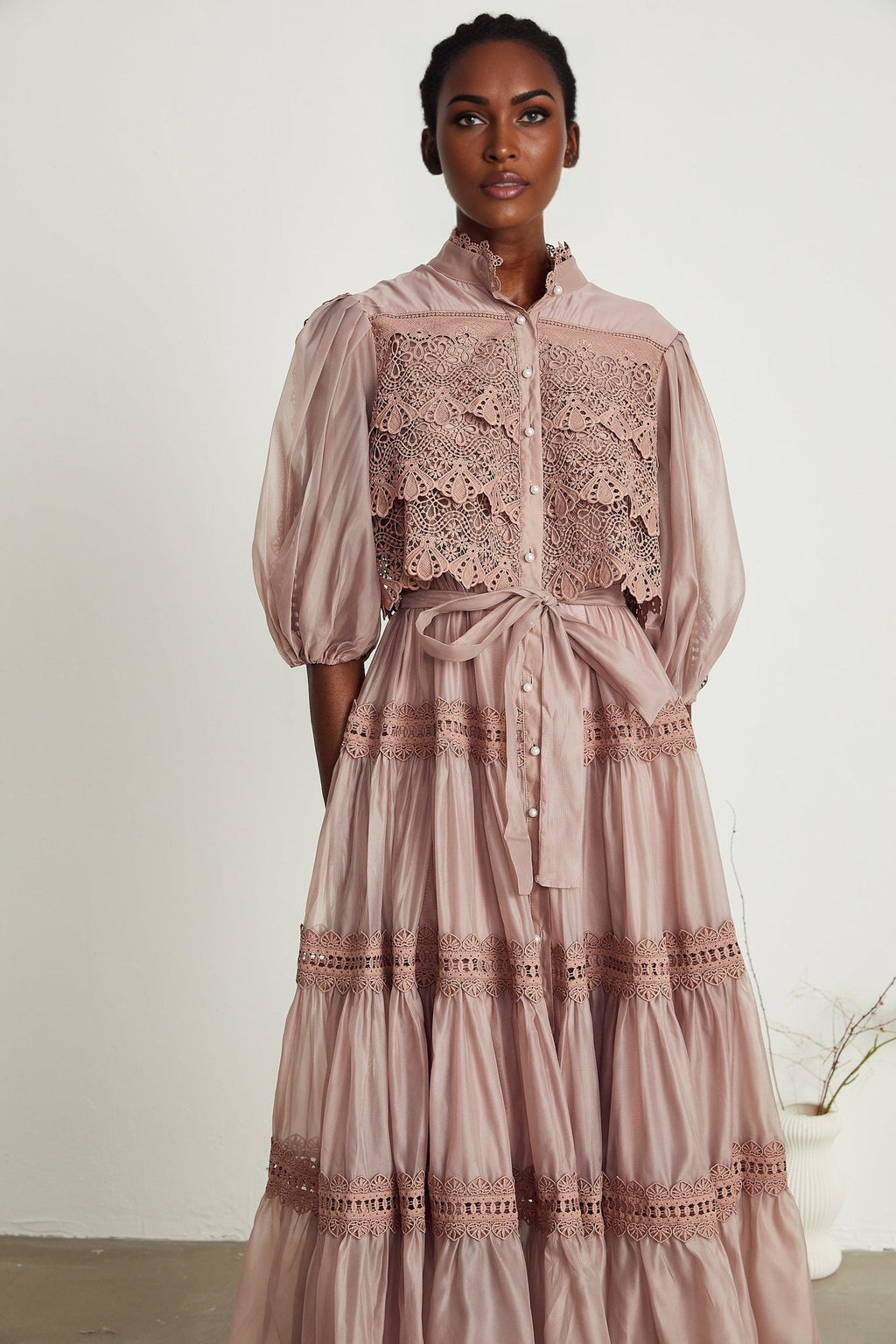 Samantha Midi Dress Pink Lace Cutout Puff Sleeve Belted Tiered Skirt Button Fastening