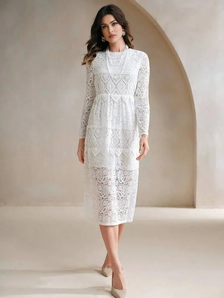 Samantha Midi Dress - Round Neck - Wedding - Flared Hem - High Waist - Elegant Style