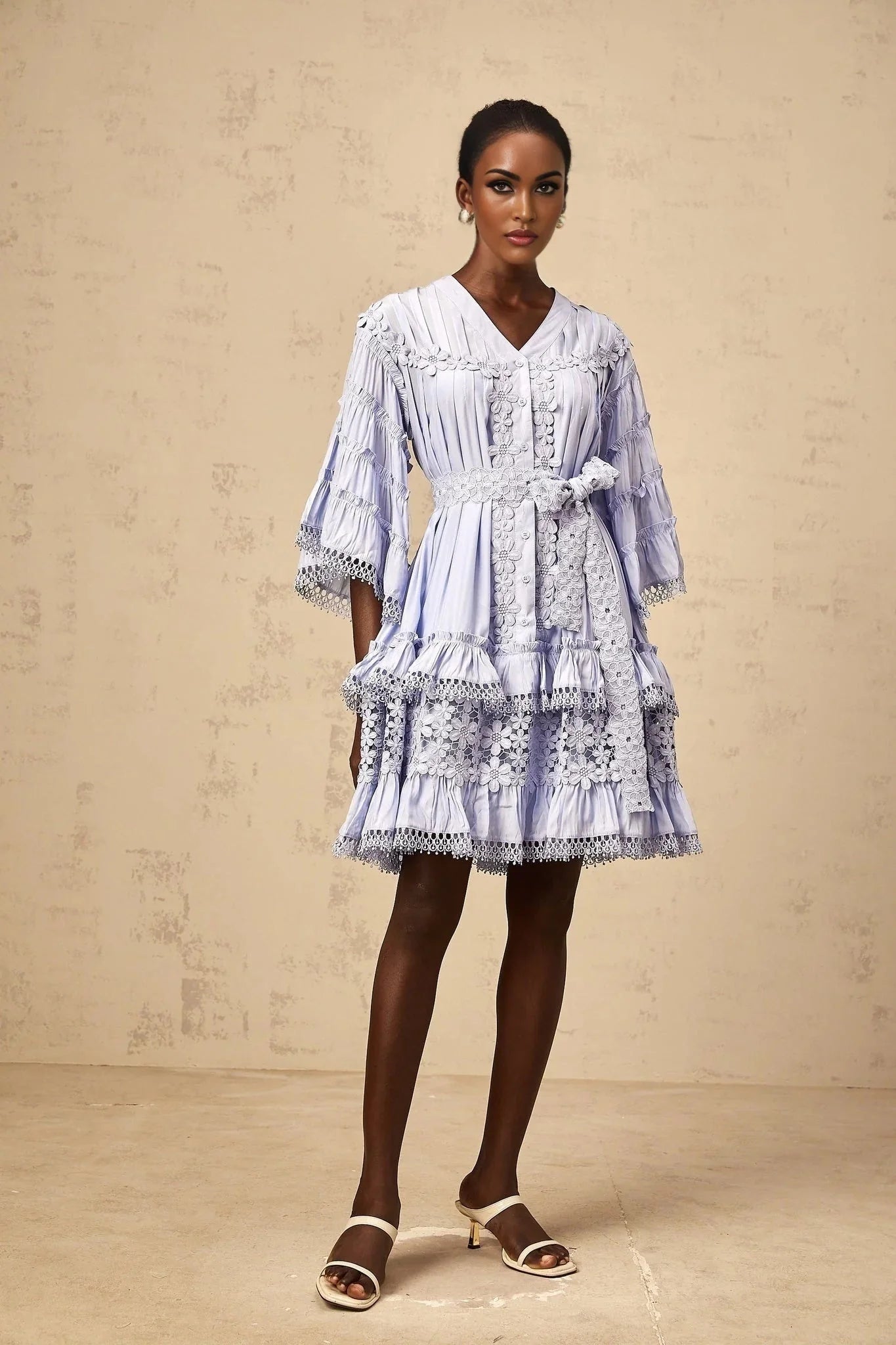 Samantha Mini Dress Light Blue Floral Tiered Embroidery