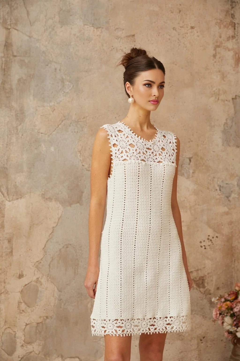 Samantha Mini Dress White Crochet Floral Appliqu Thigh - Length