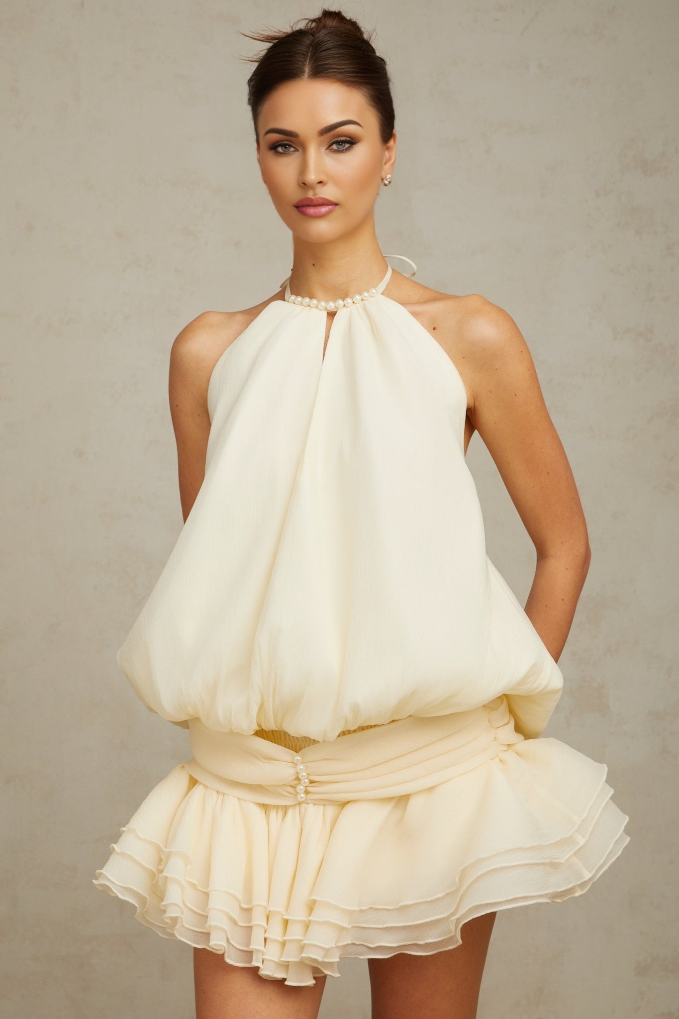 Samantha Mini Dress White Halterneck Pearl Ruffle Tiered Skirt