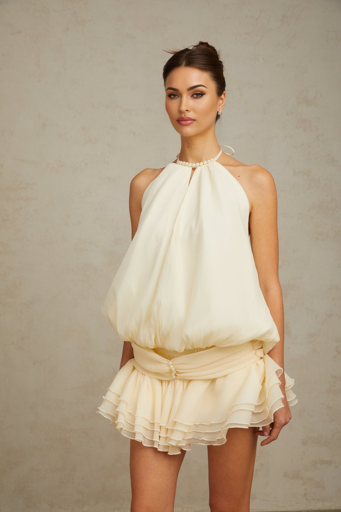 Samantha Mini Dress White Halterneck Pearl Ruffle Tiered Skirt
