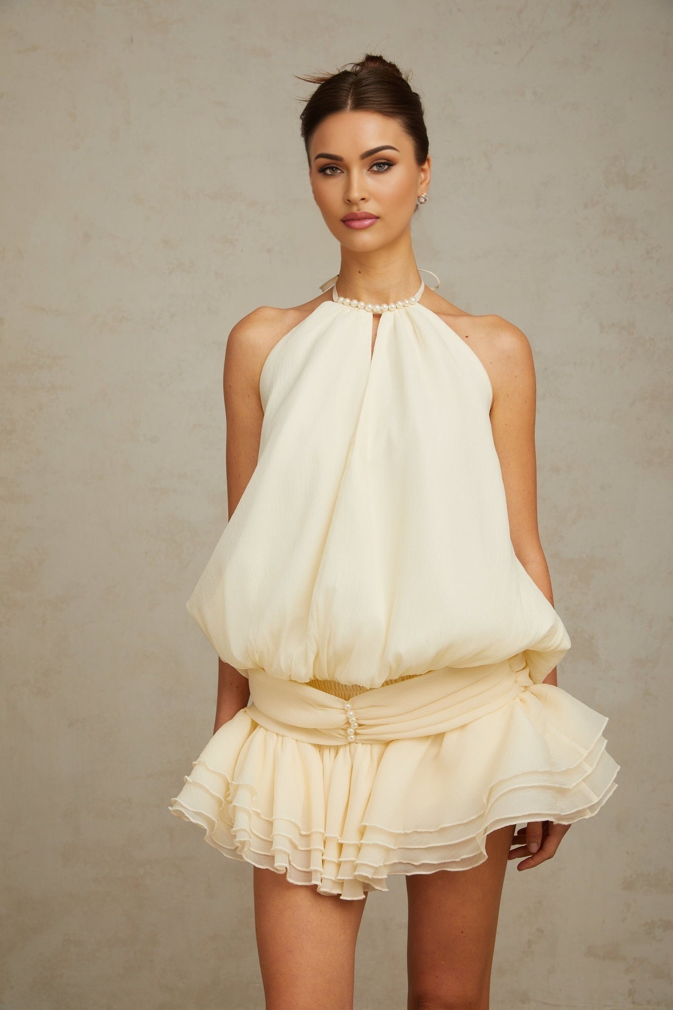Samantha Mini Dress White Halterneck Pearl Ruffle Tiered Skirt