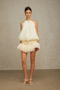 Samantha Mini Dress White Halterneck Pearl Ruffle Tiered Skirt