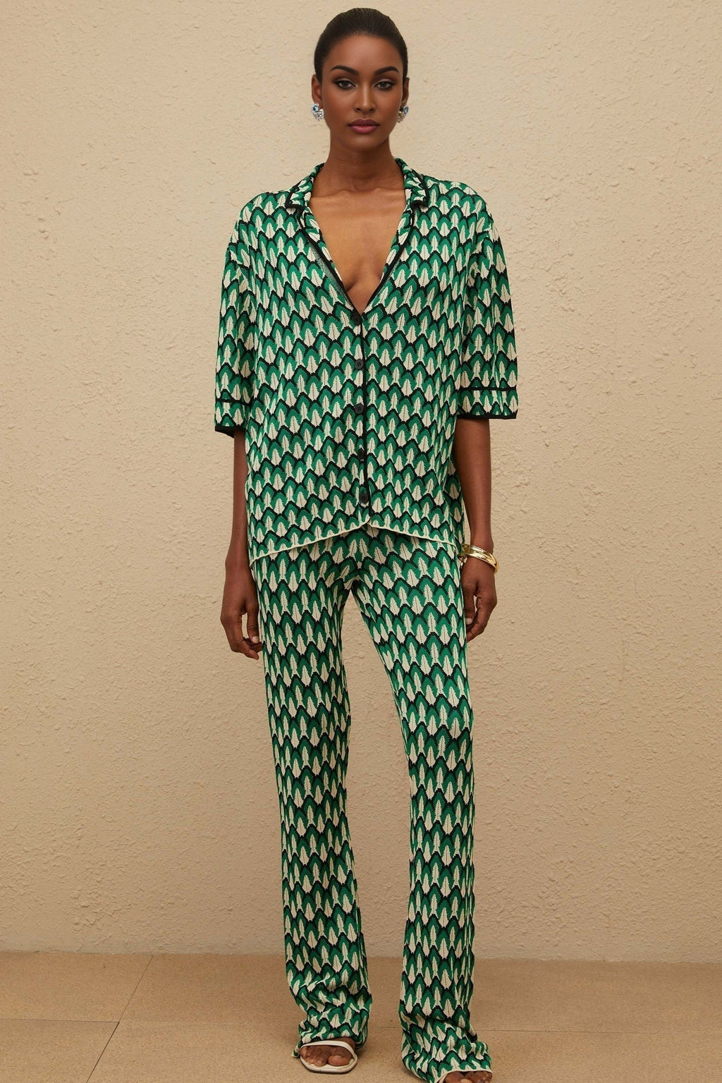 Samantha Shirt & Trousers Set - Crochet Knit - Patterned Jacquard - Notched Lapels - Half Sleeves - Maxi Length
