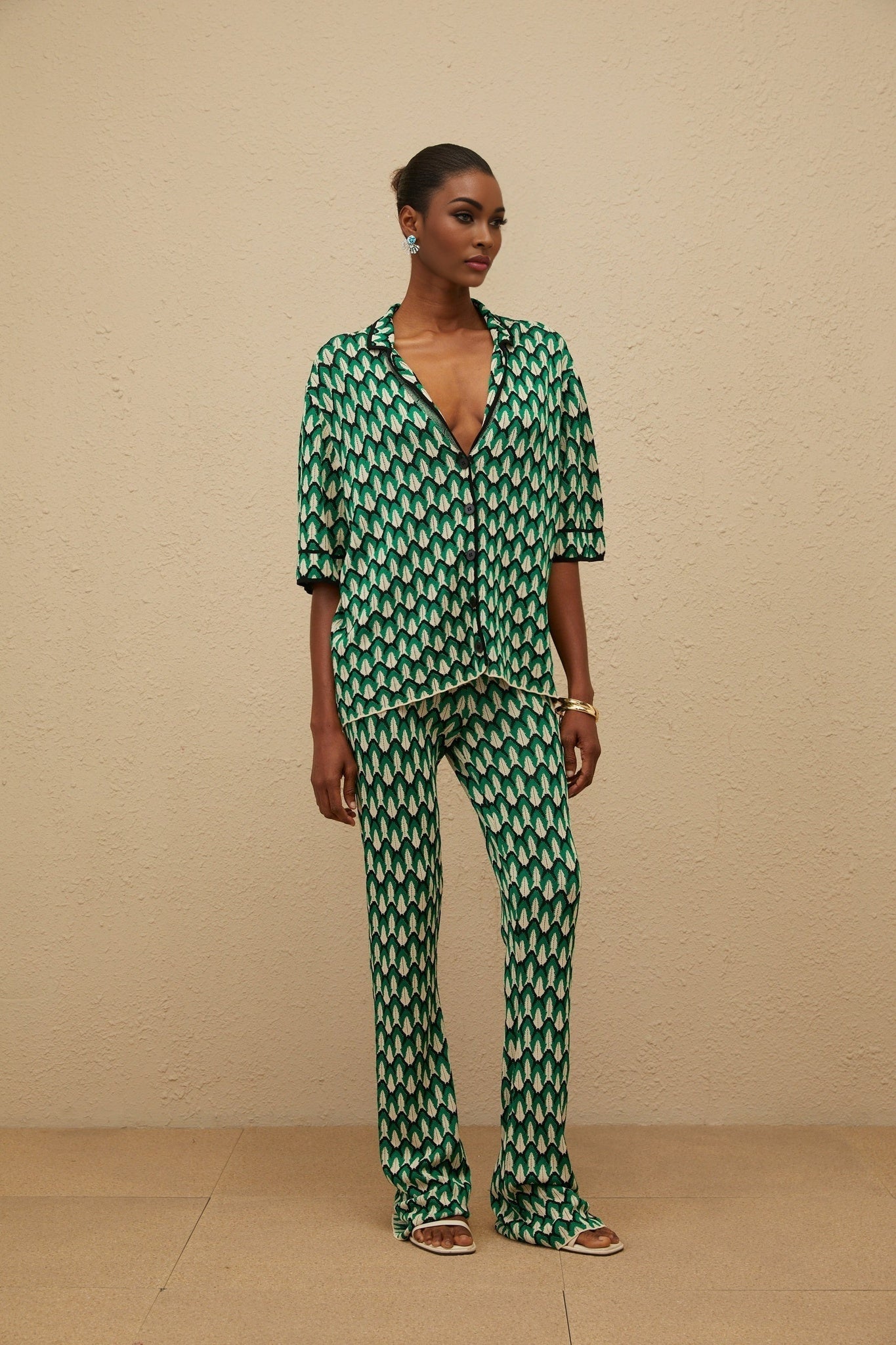 Samantha Shirt & Trousers Set - Crochet Knit - Patterned Jacquard - Notched Lapels - Half Sleeves - Maxi Length