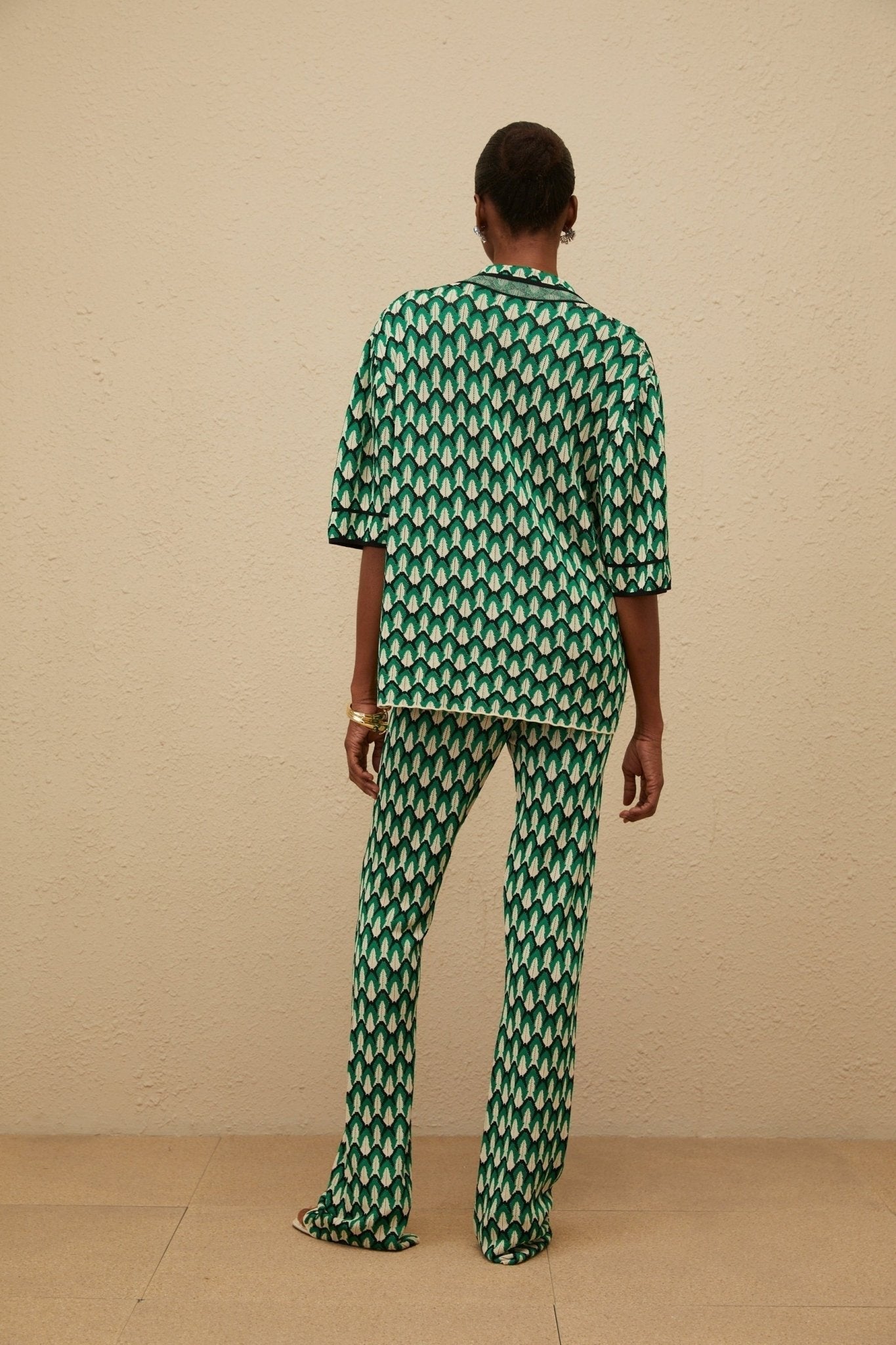 Samantha Shirt & Trousers Set - Crochet Knit - Patterned Jacquard - Notched Lapels - Half Sleeves - Maxi Length