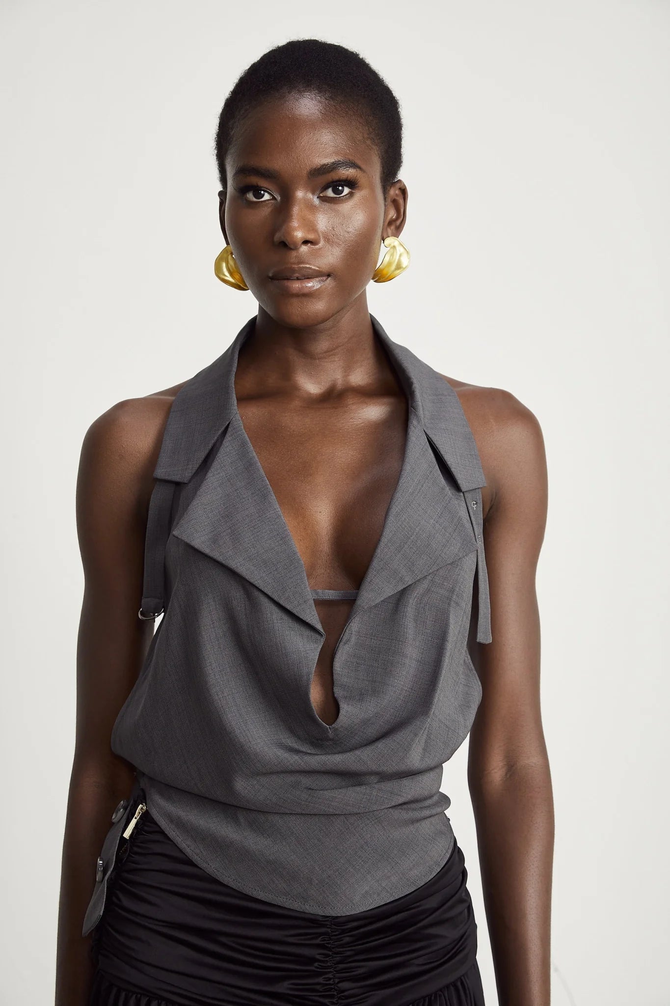 Samantha Top Grey Openback Sleeveless Curved Hem