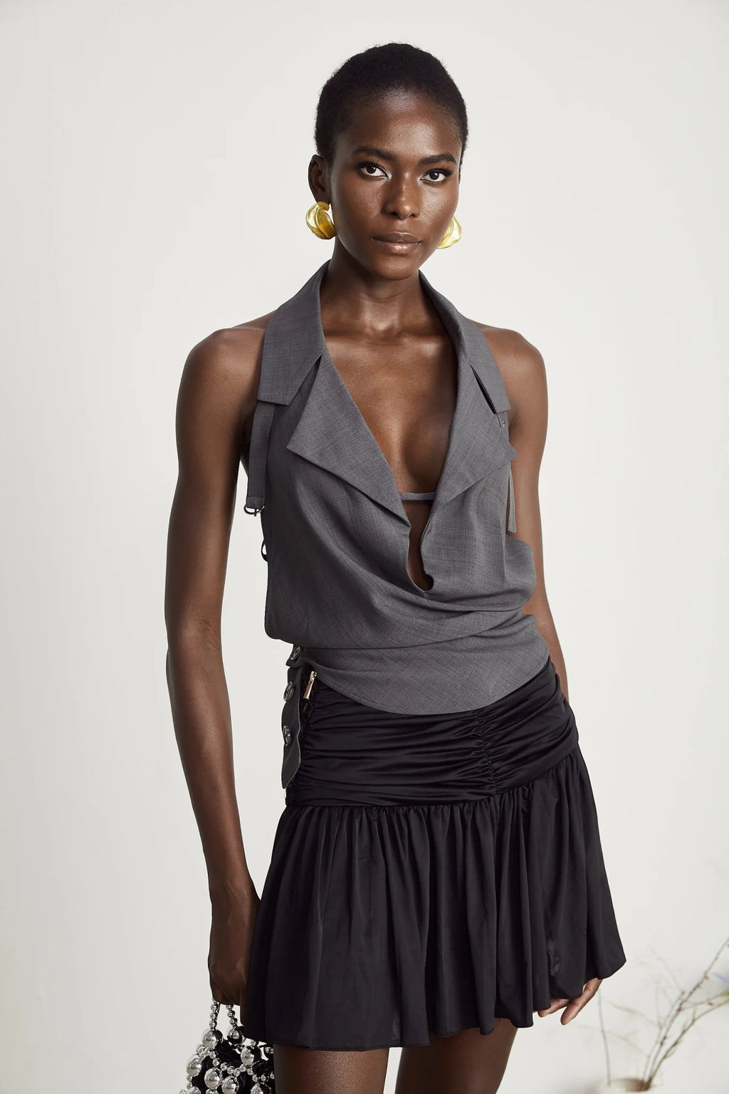 Samantha Top Grey Openback Sleeveless Curved Hem