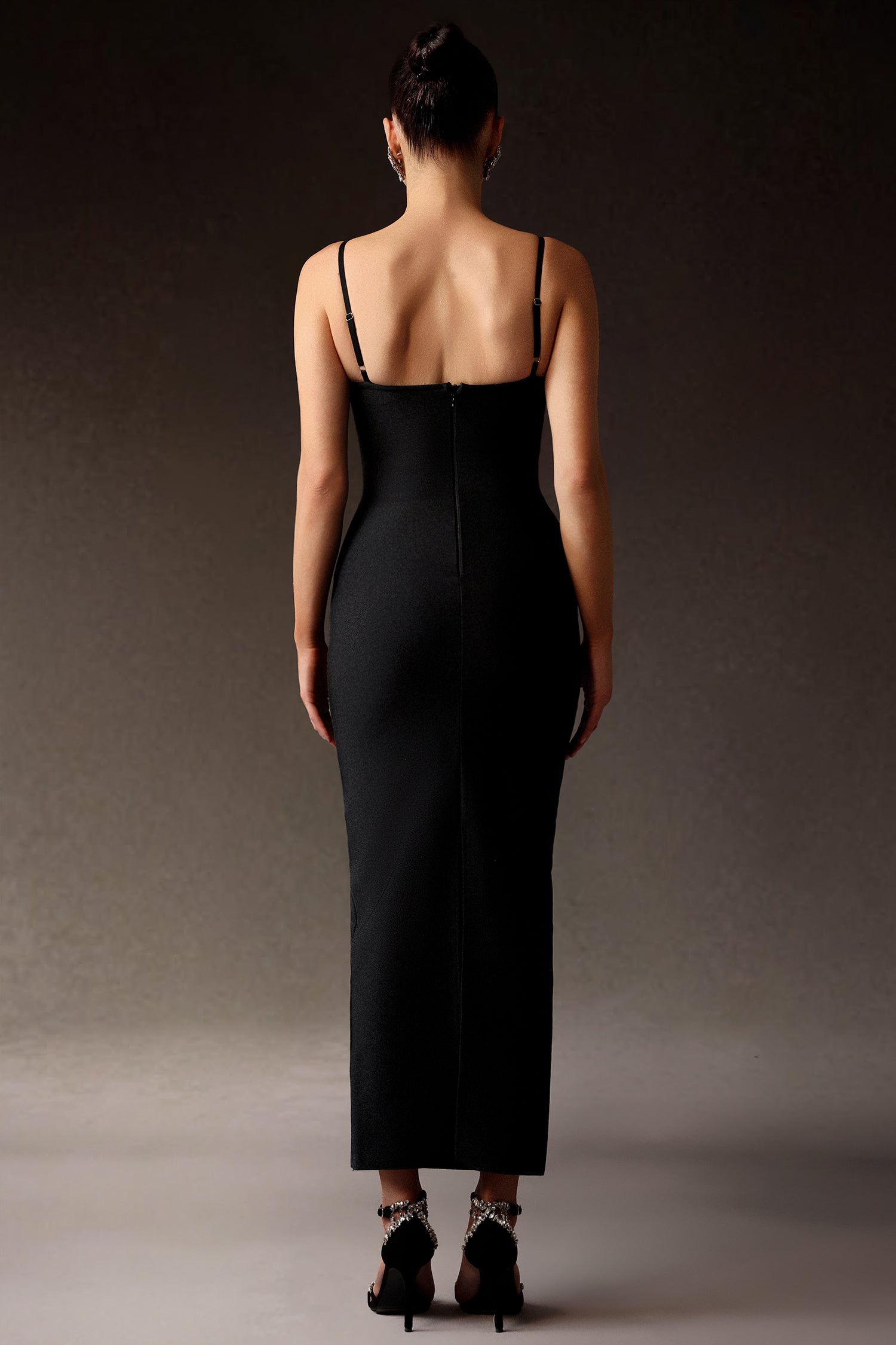 Samara Black Sleeveless Diamond Bandage Maxi Dress Square Neckline Embellishments Body-Hugging Fit Cocktail Parties Elegant Dinners Luxurious Fabric