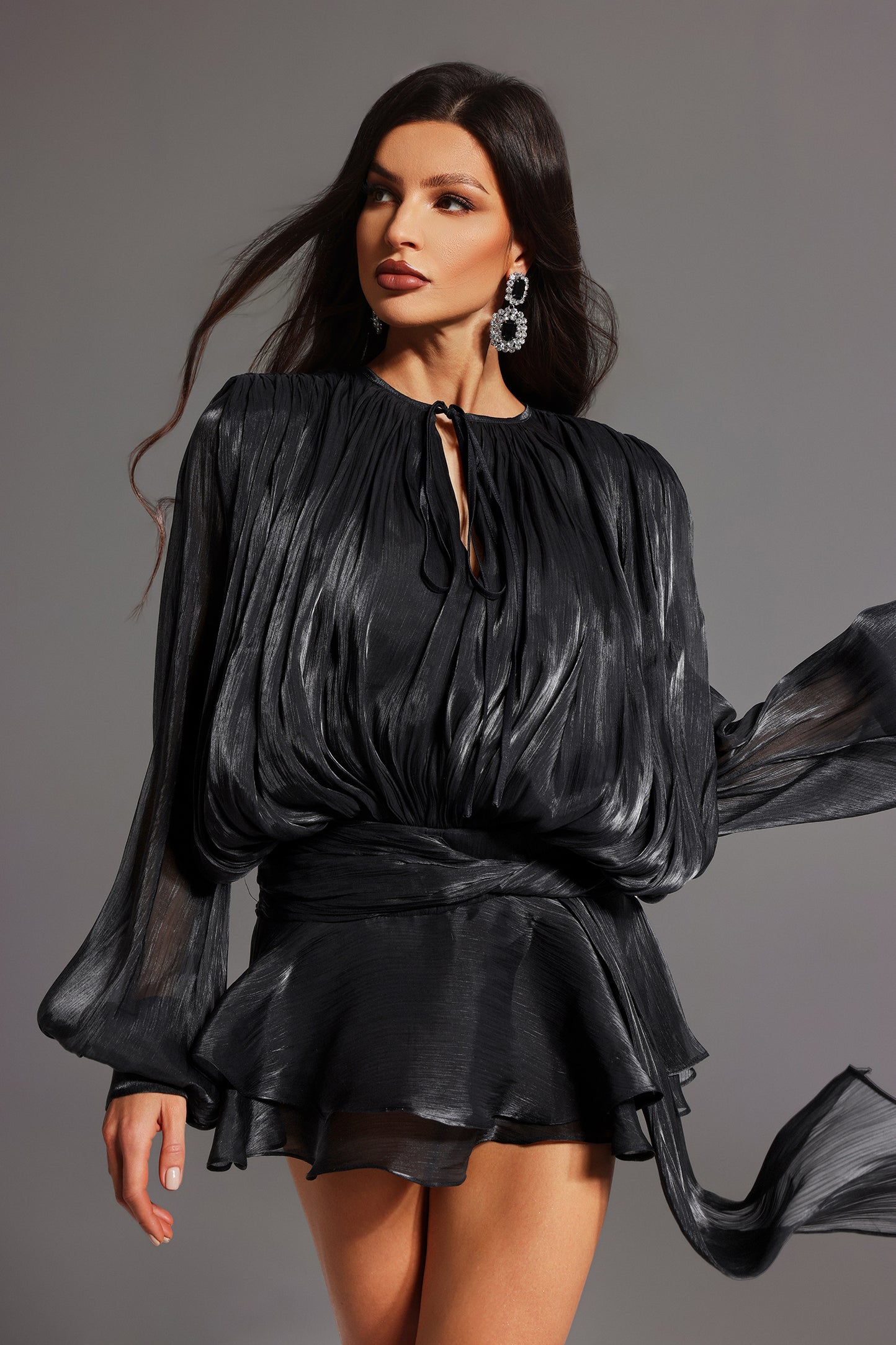 Samara Black Mini Dress with Stunning Neckline and Long Flowing Sleeves