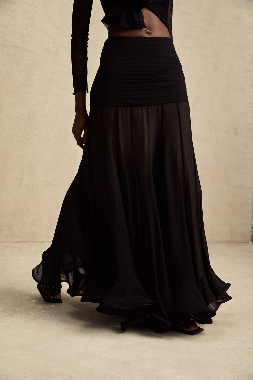 Santa Black Tulle Maxi Skirt With Pleats And Ruffled Hem