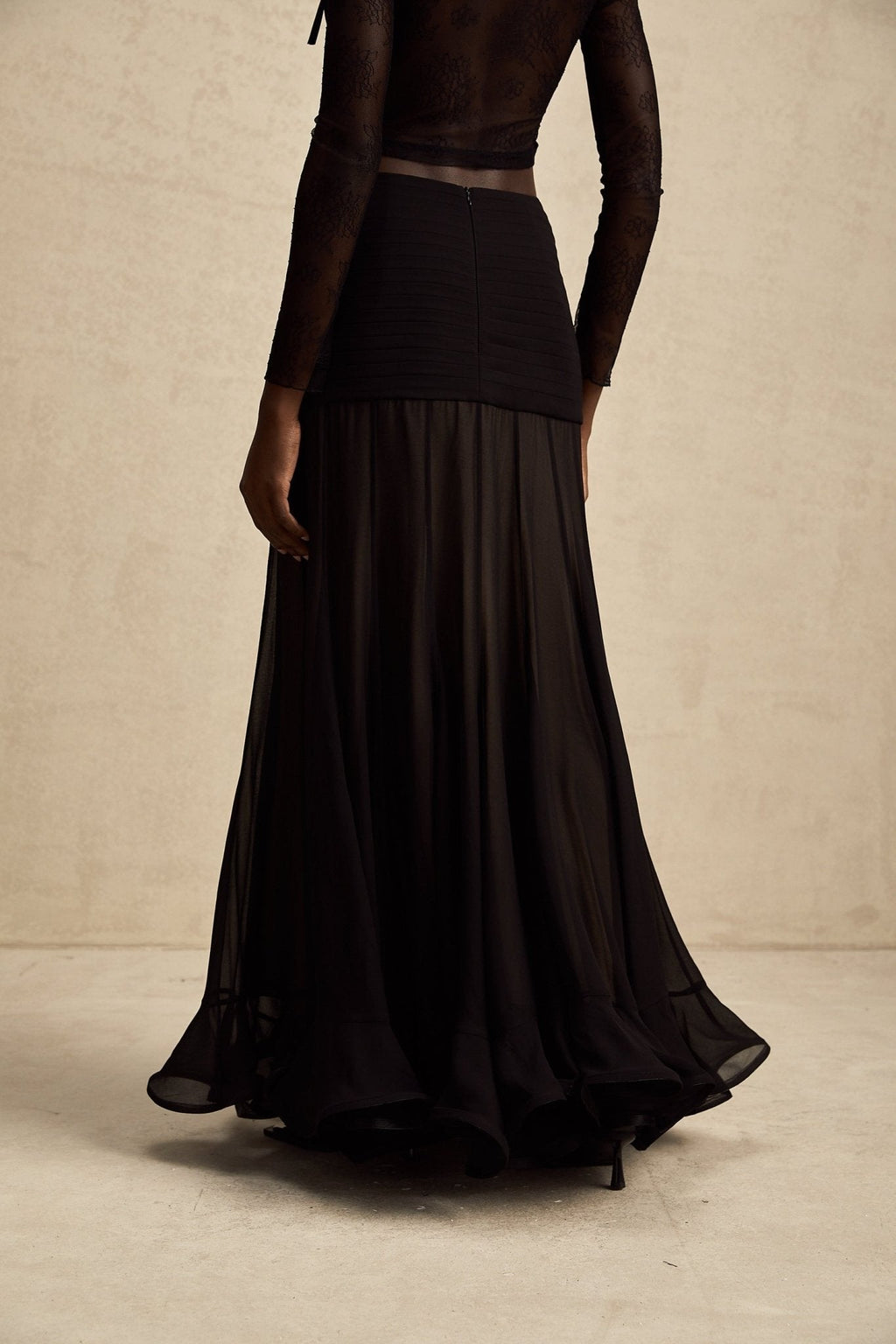 Santa Black Tulle Maxi Skirt With Pleats And Ruffled Hem