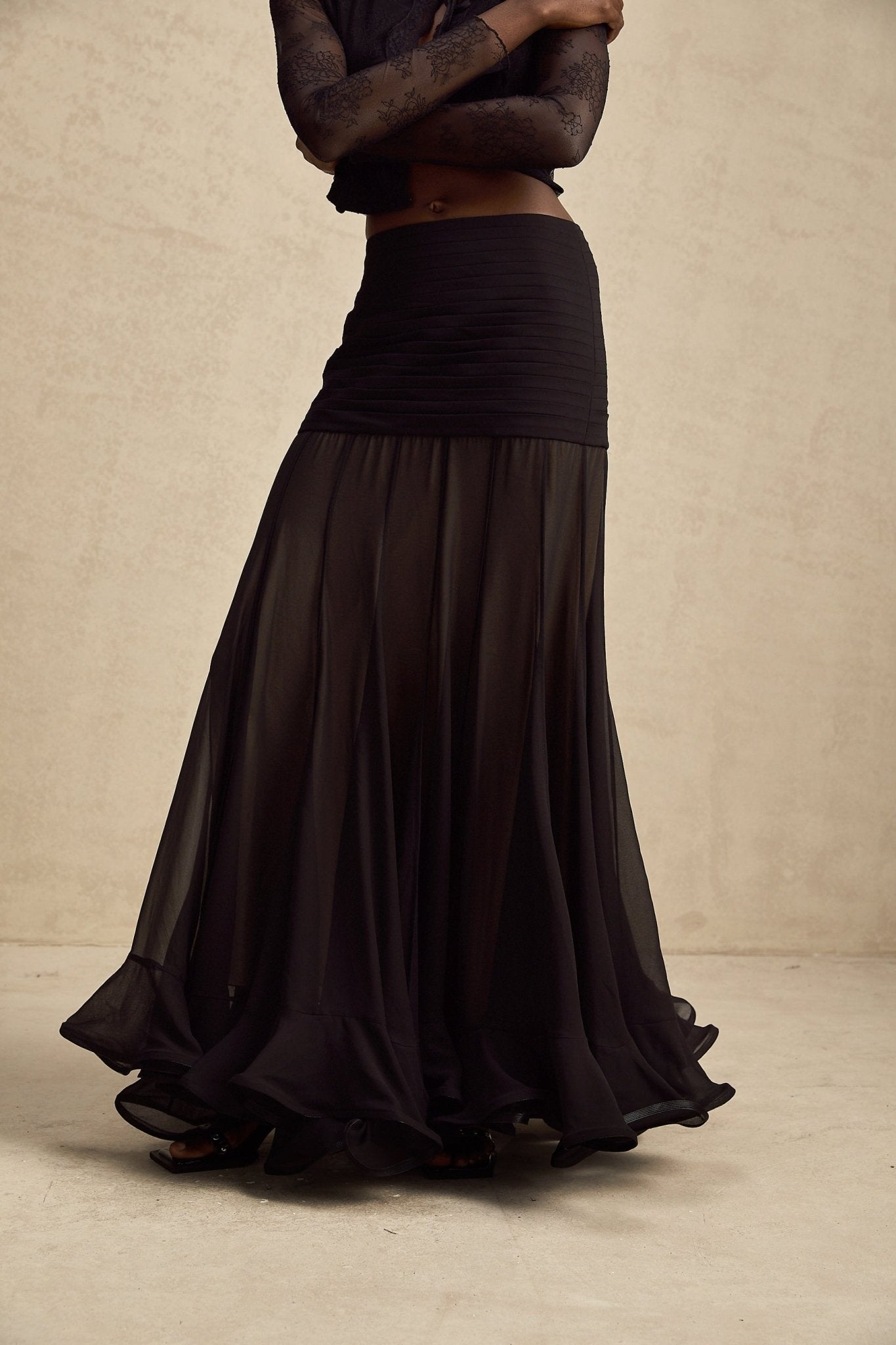 Santa Black Tulle Maxi Skirt With Pleats And Ruffled Hem
