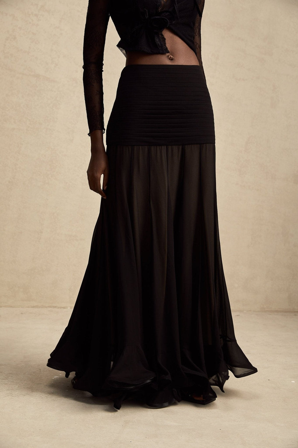 Santa Black Tulle Maxi Skirt With Pleats And Ruffled Hem