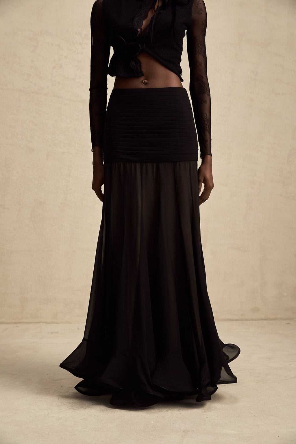 Santa Black Tulle Maxi Skirt With Pleats And Ruffled Hem