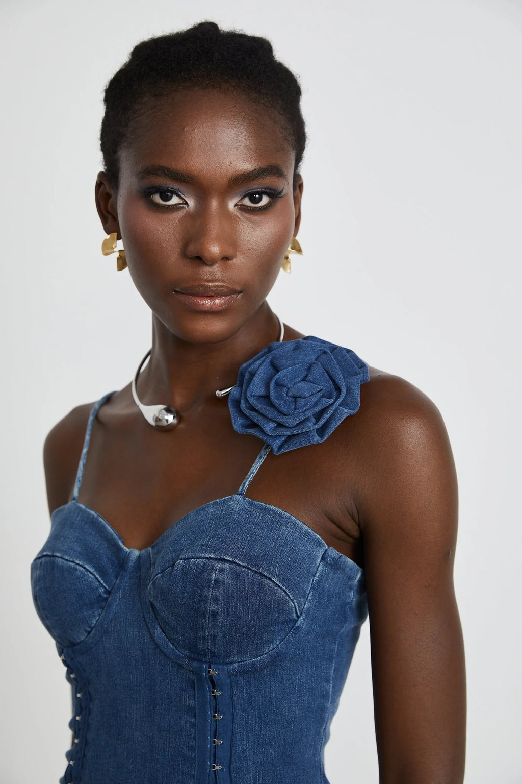 Santa Denim Mini Dress with Floral Applique & Corset Style