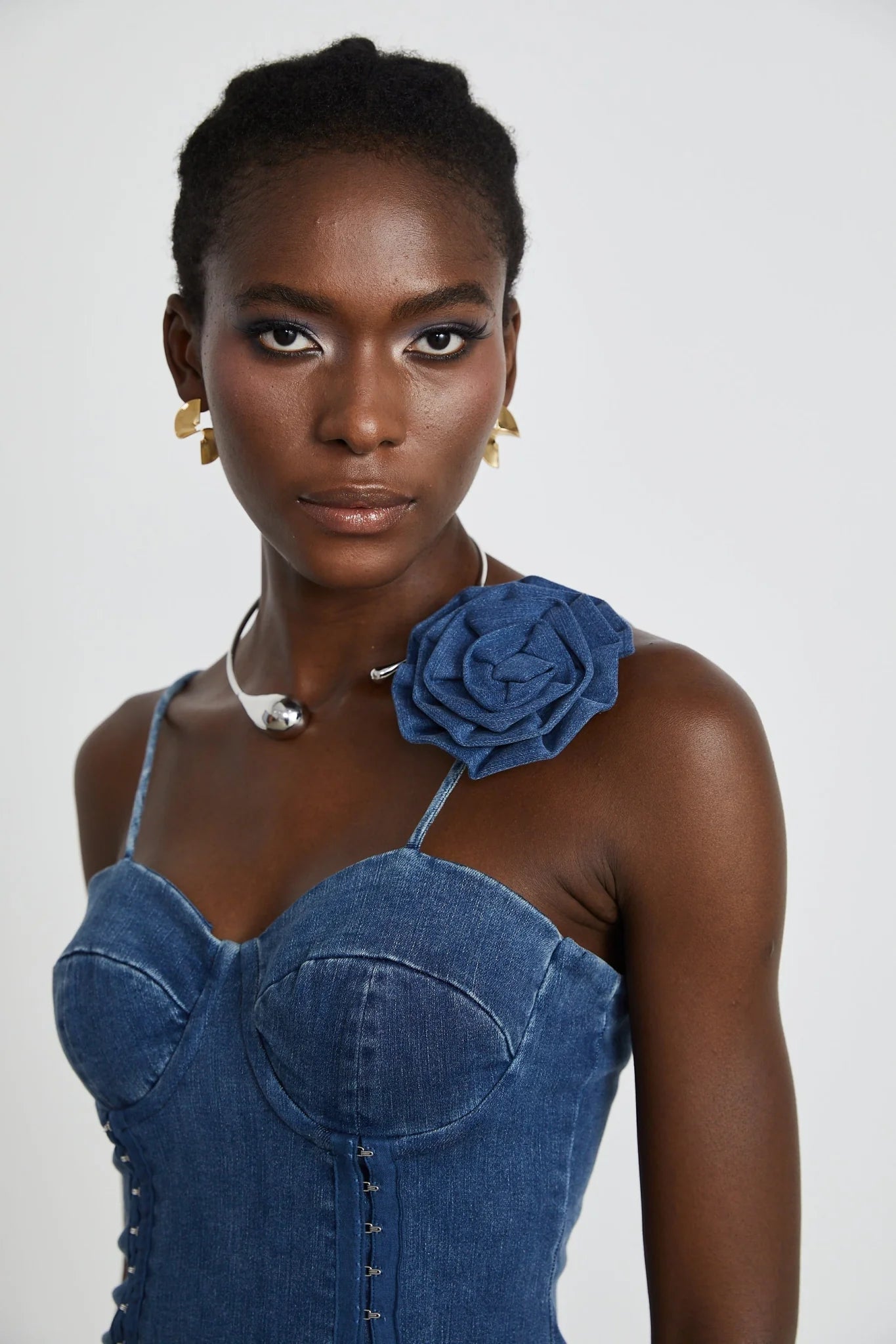 Santa Denim Mini Dress with Floral Applique & Corset Style