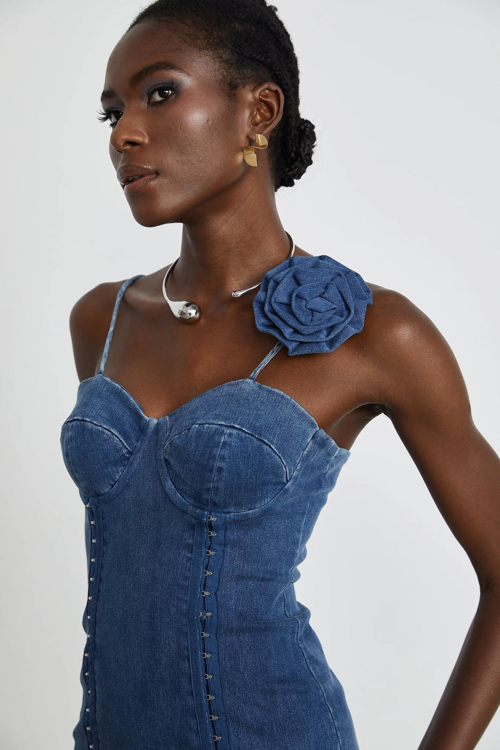 Santa Denim Mini Dress with Floral Applique & Corset Style