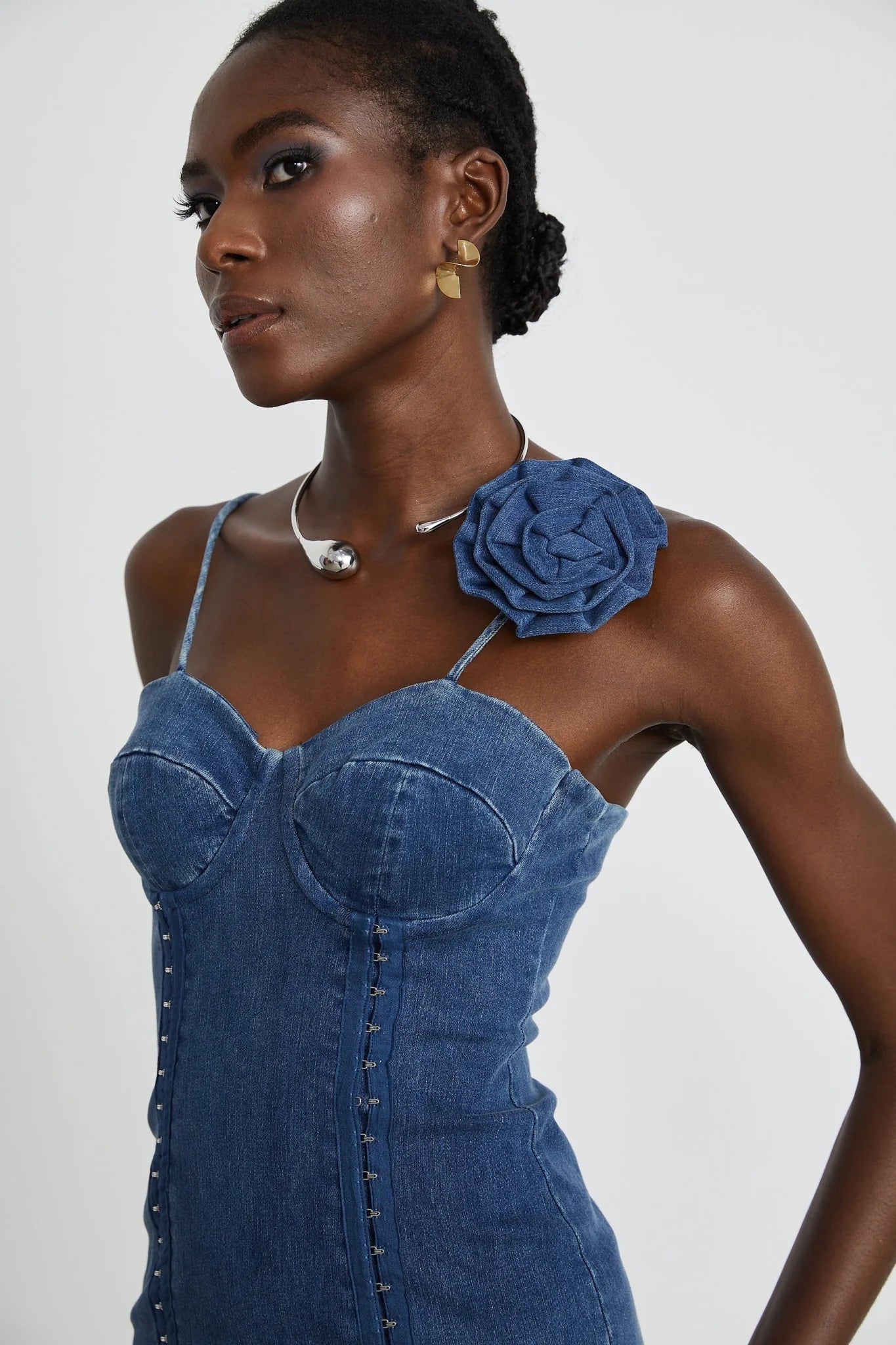 Santa Denim Mini Dress with Floral Applique & Corset Style