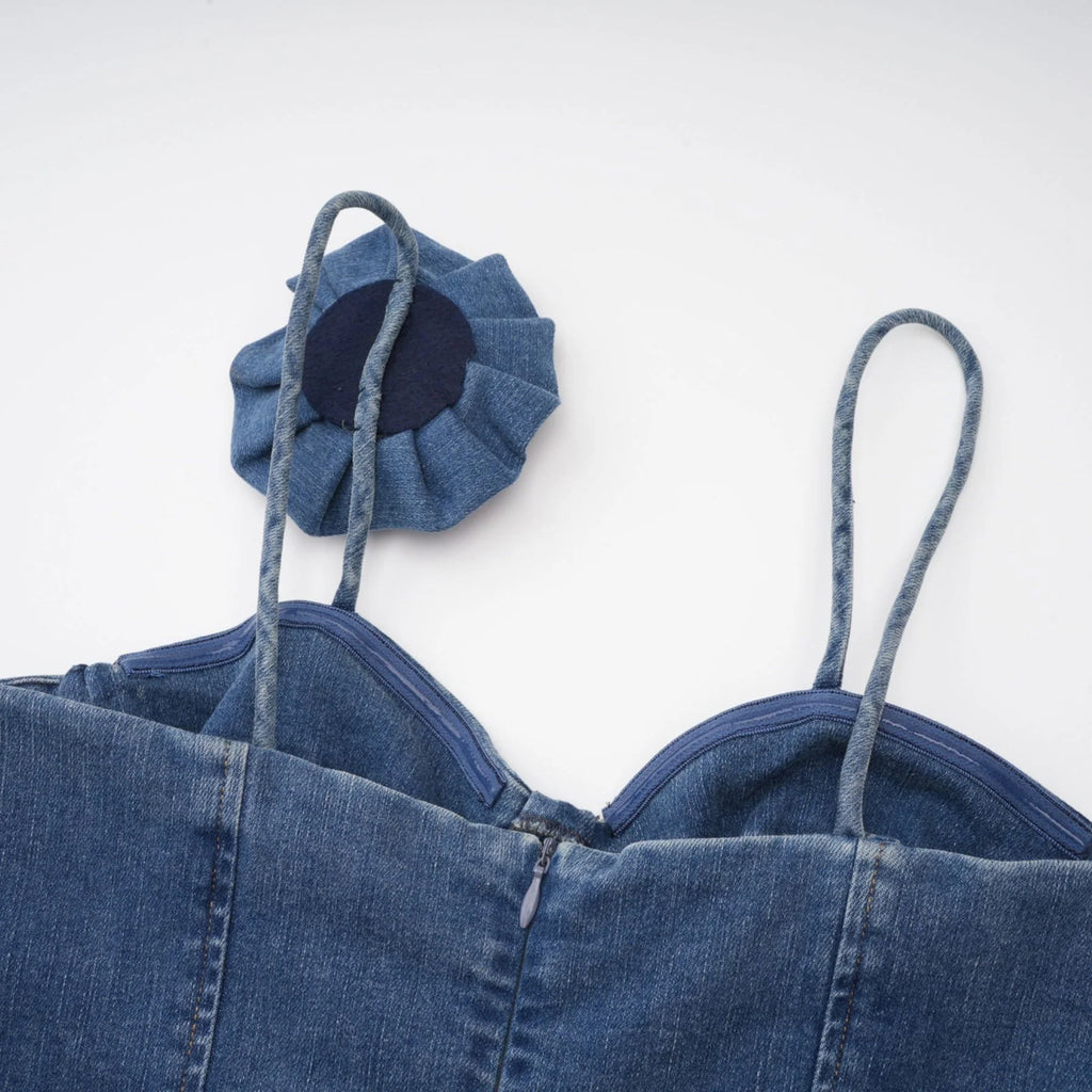 Santa Denim Mini Dress with Floral Applique & Corset Style