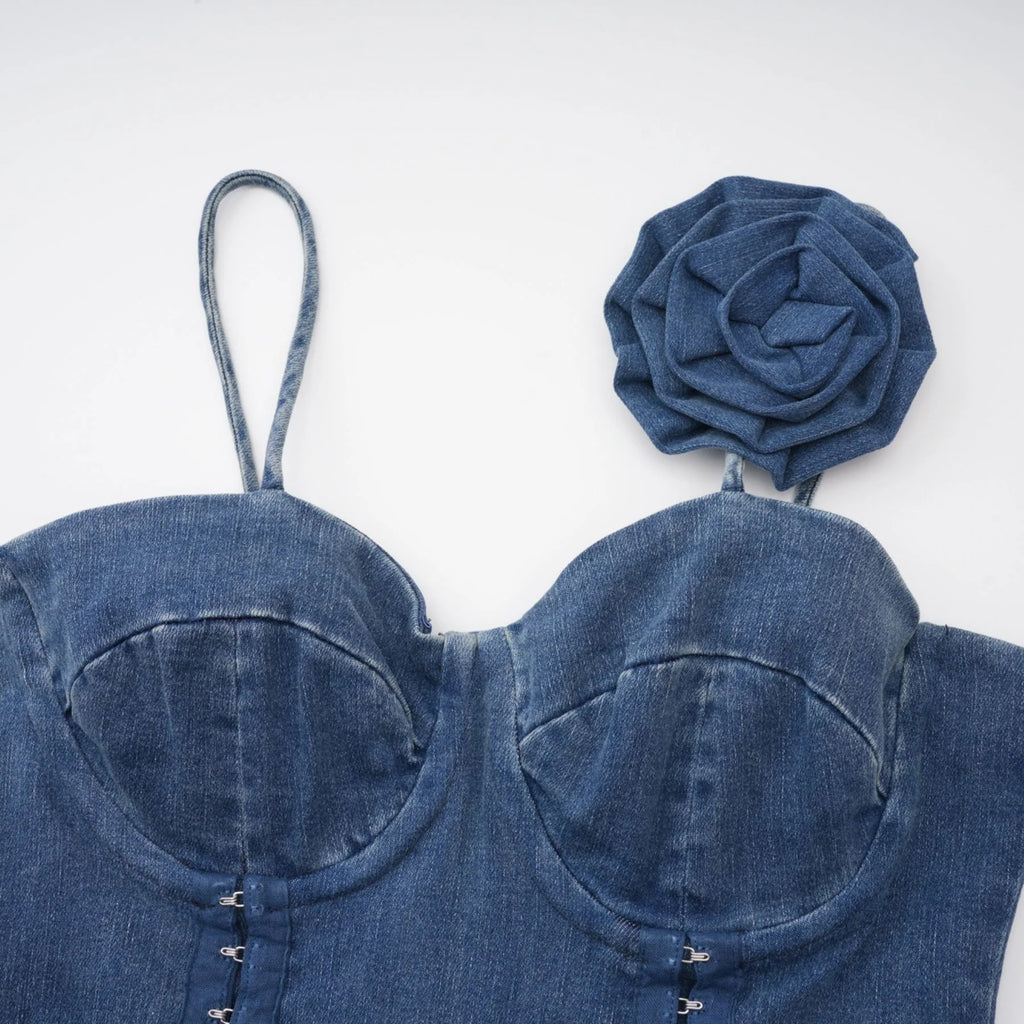 Santa Denim Mini Dress with Floral Applique & Corset Style