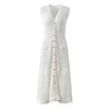Santa Dress - A - Line Silhouette With Button Front - Textured Knit Pattern - Relaxed Fit - Pockets and Scalloped Neckline