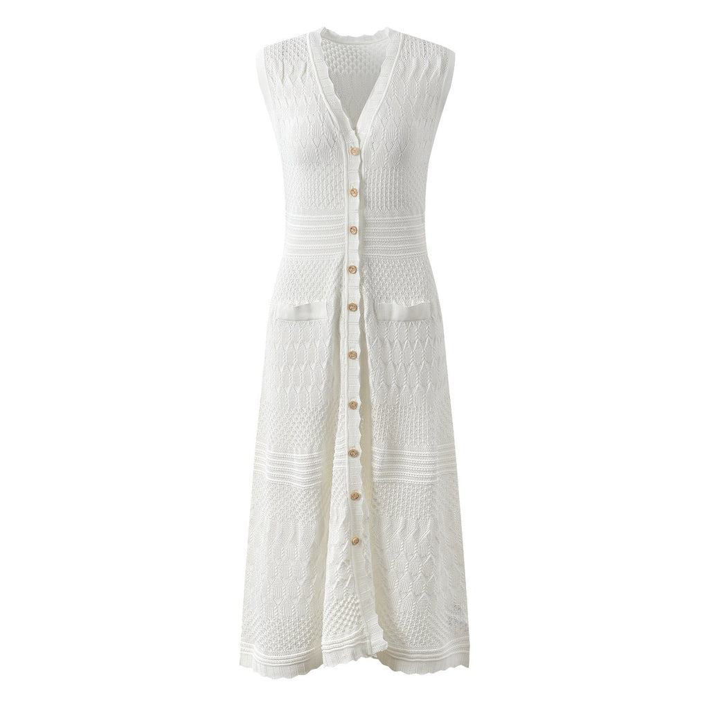 Santa Dress - A - Line Silhouette With Button Front - Textured Knit Pattern - Relaxed Fit - Pockets and Scalloped Neckline