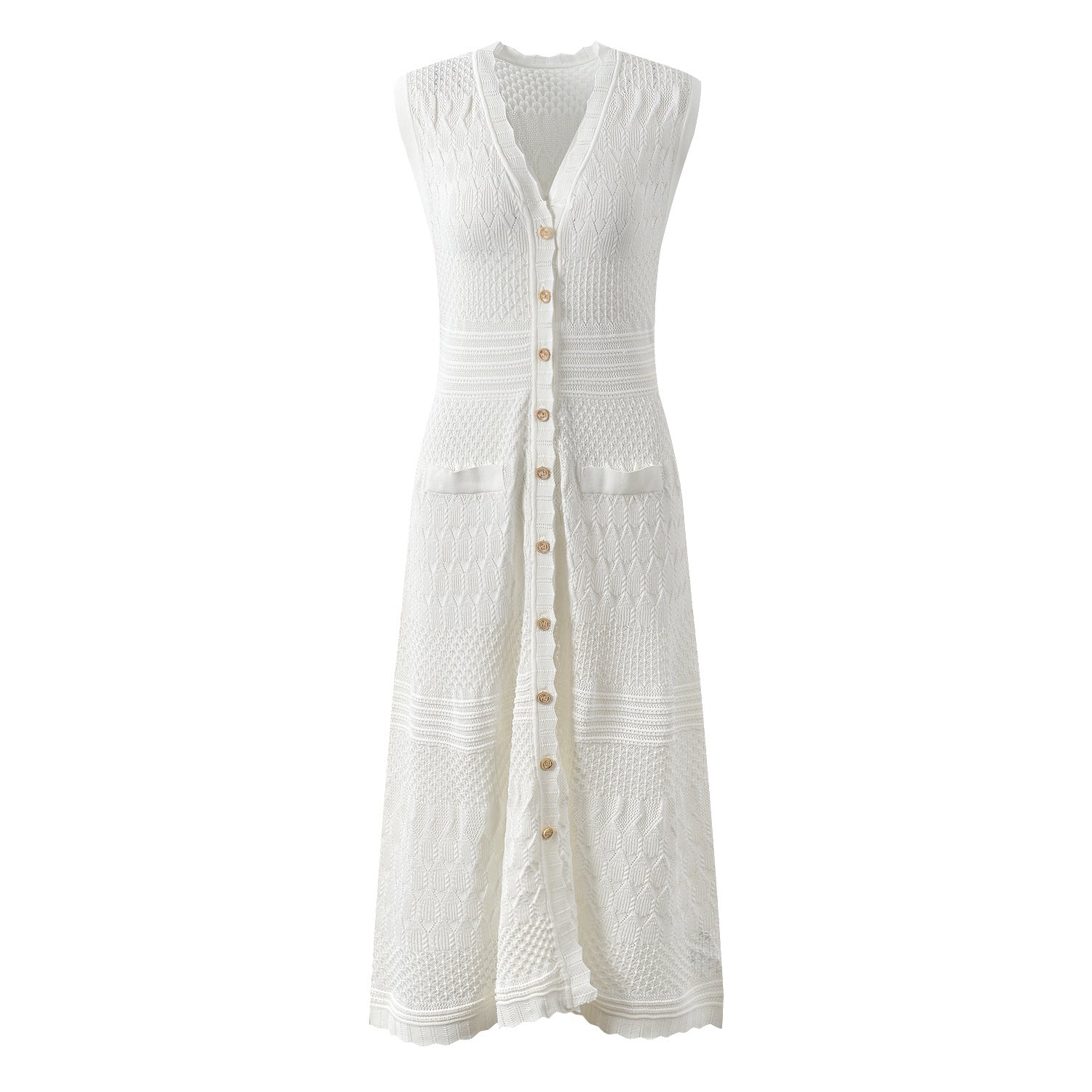 Santa Dress - A - Line Silhouette With Button Front - Textured Knit Pattern - Relaxed Fit - Pockets and Scalloped Neckline