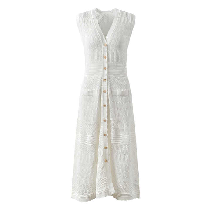 Santa Dress - A - Line Silhouette With Button Front - Textured Knit Pattern - Relaxed Fit - Pockets and Scalloped Neckline