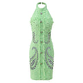 Santa Dress - Fitted Halter Neck Silhouette - Textured Fabric With Embellishments - Tailored Fit - Rhinestone Accents & Button Closure