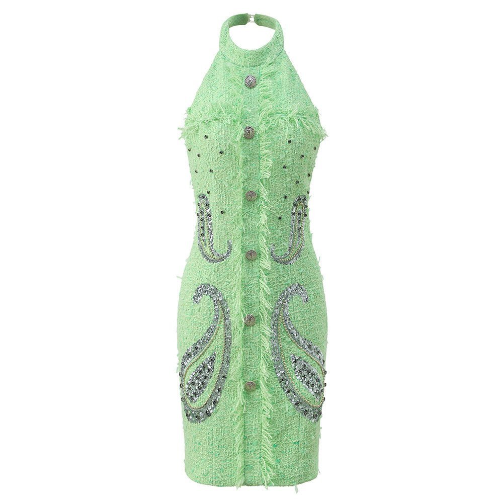 Santa Dress - Fitted Halter Neck Silhouette - Textured Fabric With Embellishments - Tailored Fit - Rhinestone Accents & Button Closure