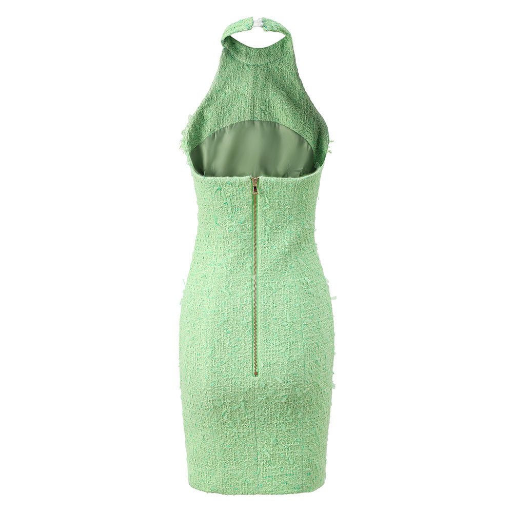 Santa Dress - Fitted Halter Neck Silhouette - Textured Fabric With Embellishments - Tailored Fit - Rhinestone Accents & Button Closure