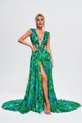 Santa Green Maxi Dress with V-Neckline and Thigh-High Slit for Special Occasions