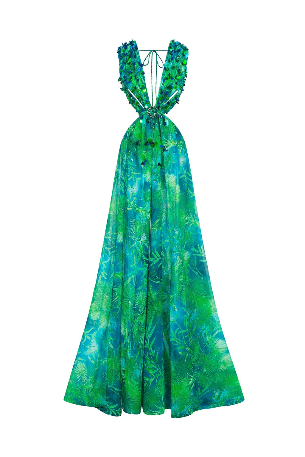 Santa Green Maxi Dress with V-Neckline and Thigh-High Slit for Special Occasions