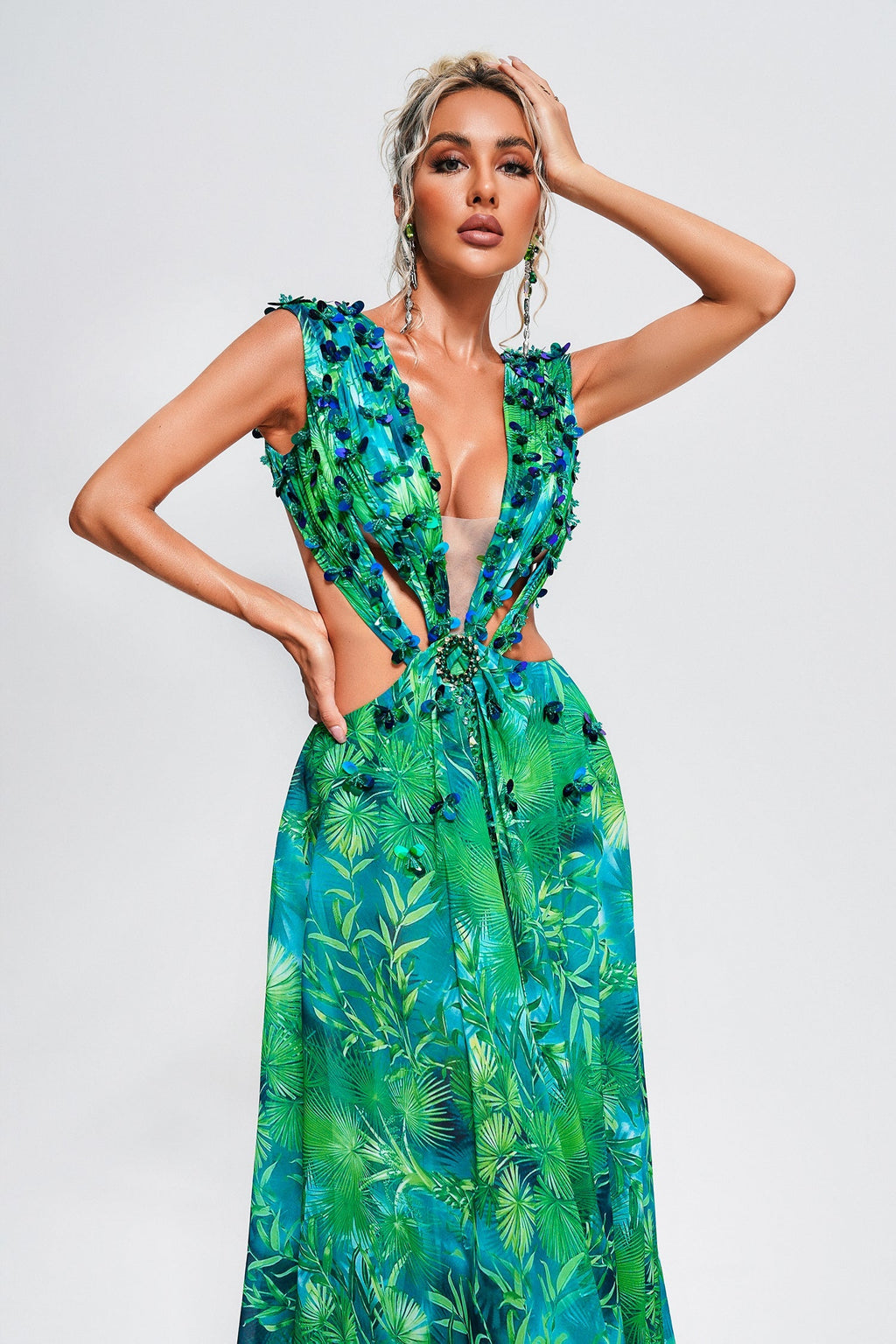 Santa Green Maxi Dress with V-Neckline and Thigh-High Slit for Glamorous Evenings