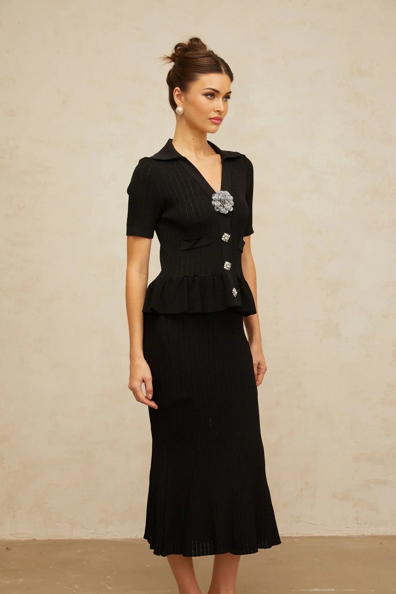 Santa Midi Dress Black Crystal Embellished Peplum Hem