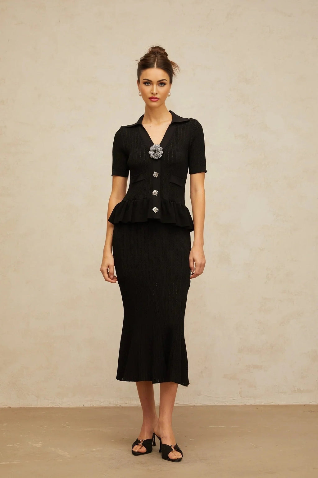 Santa Midi Dress Black Crystal Embellished Peplum Hem