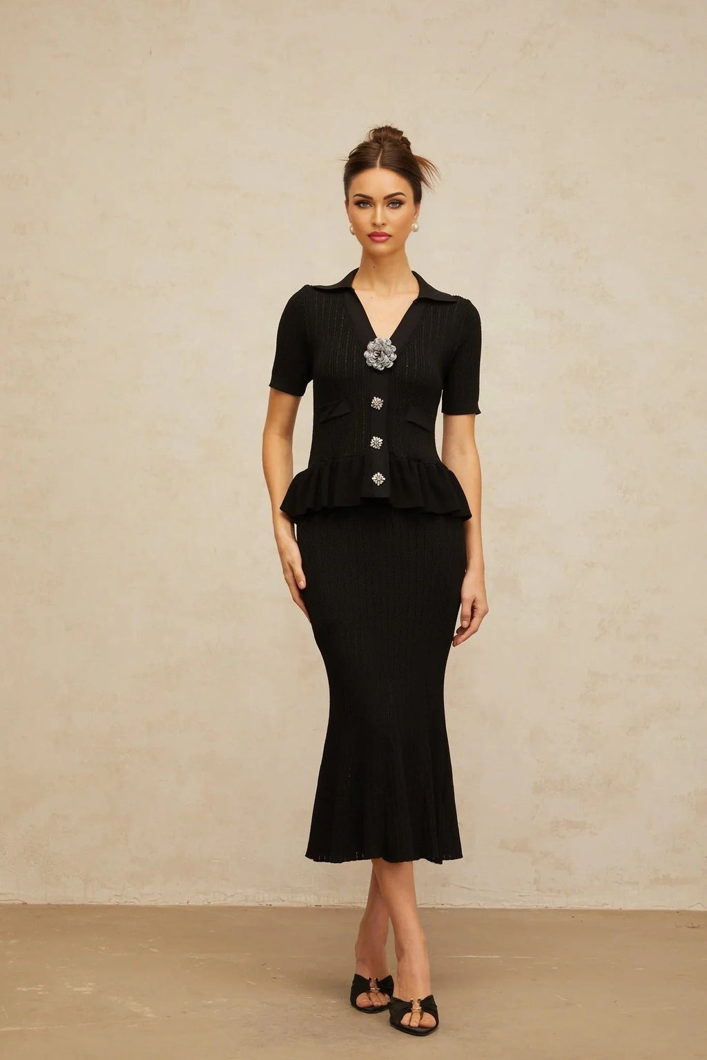 Santa Midi Dress Black Crystal Embellished Peplum Hem