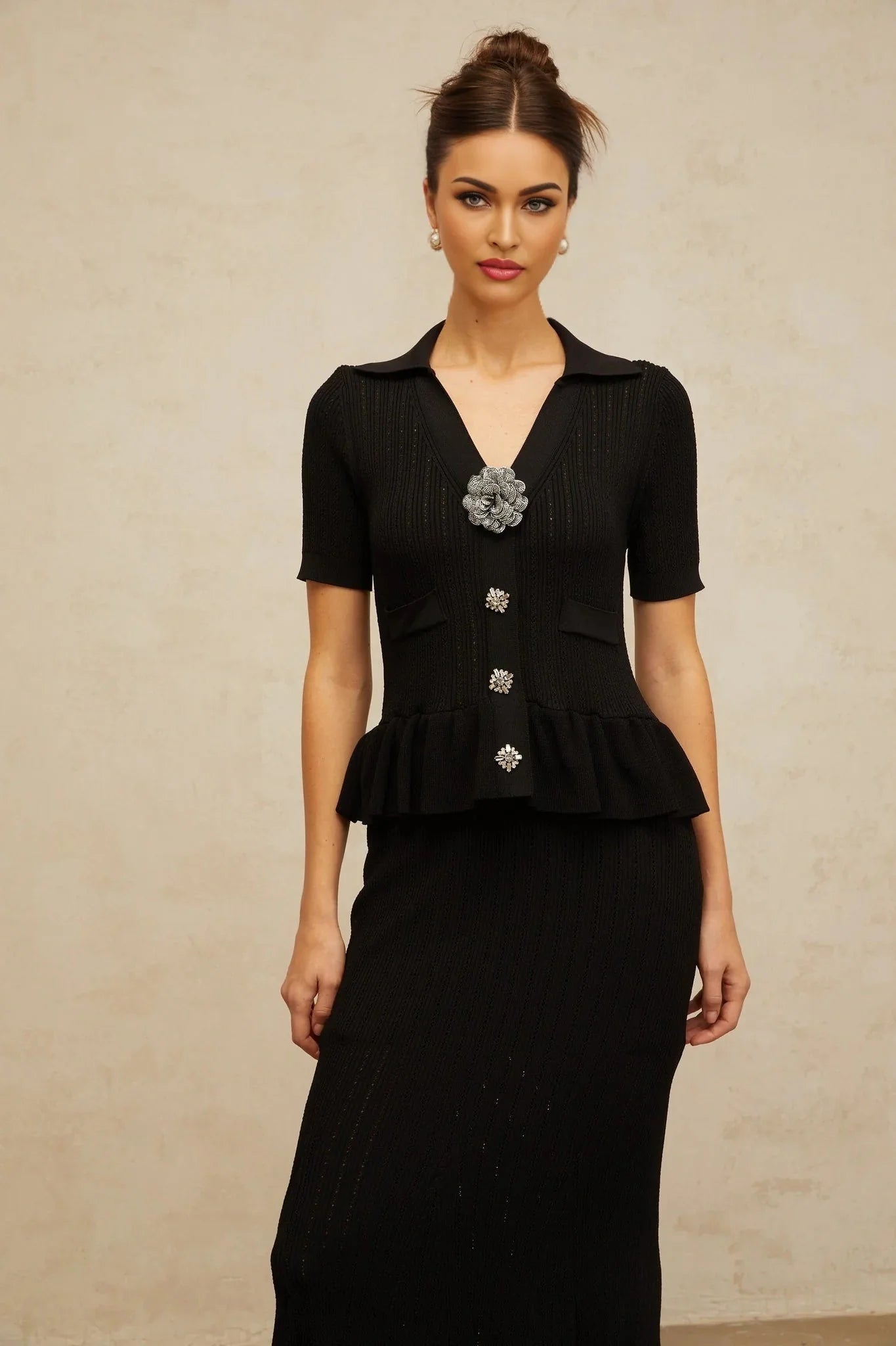 Santa Midi Dress Black Crystal Embellished Peplum Hem