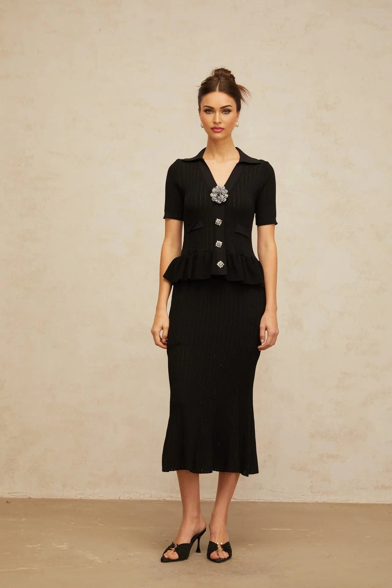 Santa Midi Dress Black Crystal Embellished Peplum Hem