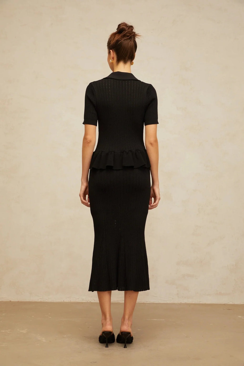 Santa Midi Dress Black Crystal Embellished Peplum Hem