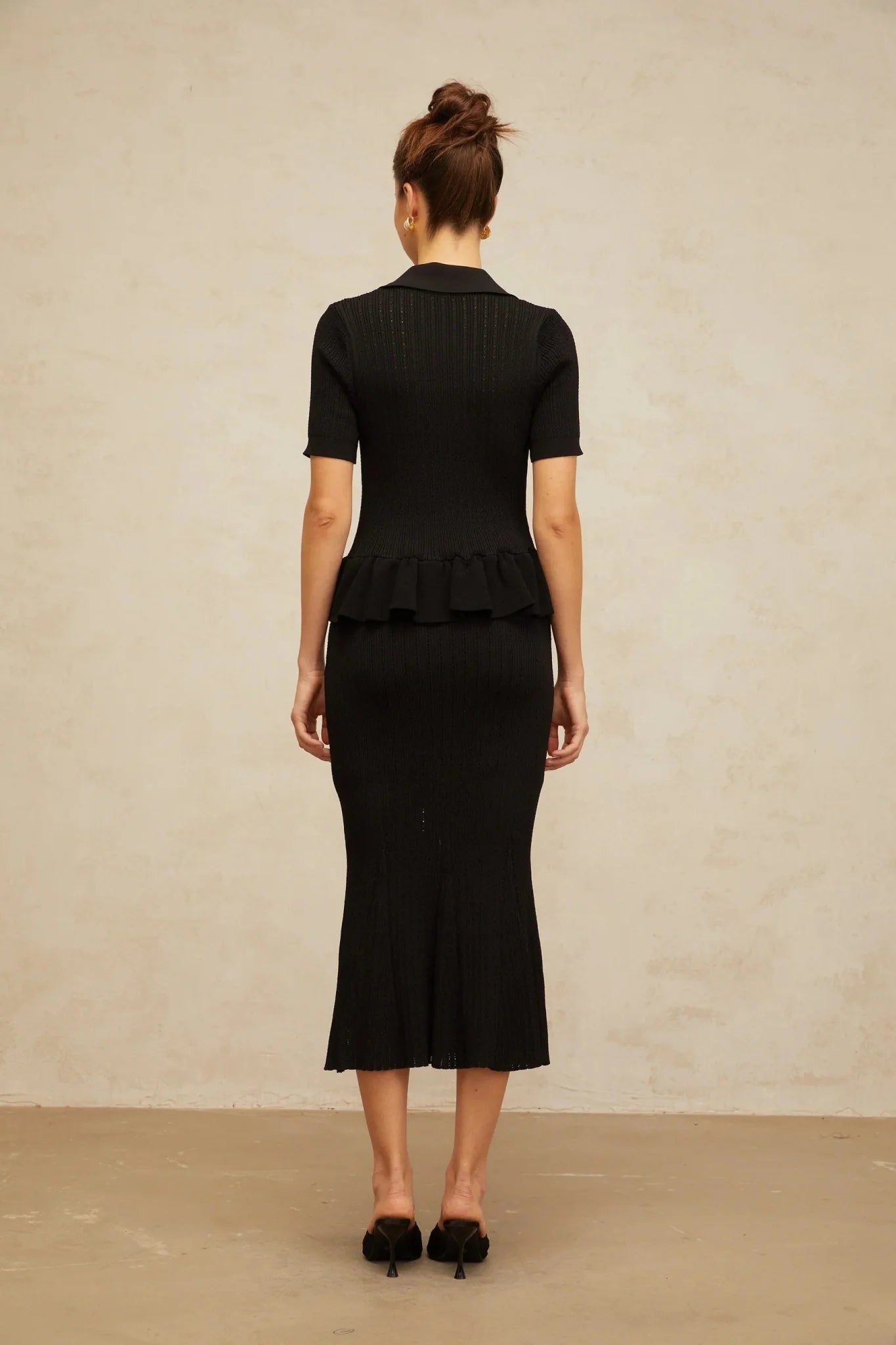 Santa Midi Dress Black Crystal Embellished Peplum Hem