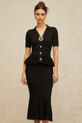 Santa Midi Dress Black Crystal Embellished Peplum Hem