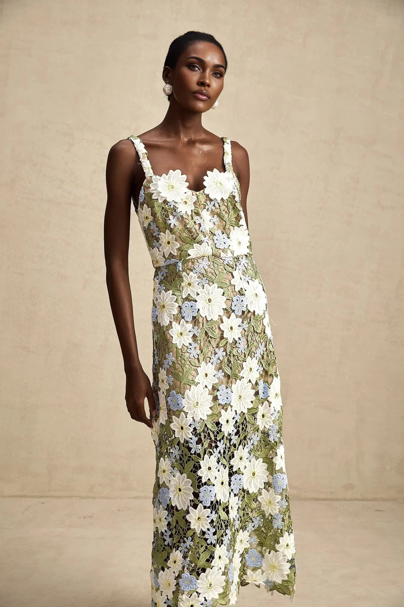 Santa Midi Dress Green Floral Embroidered Hollow - Carved