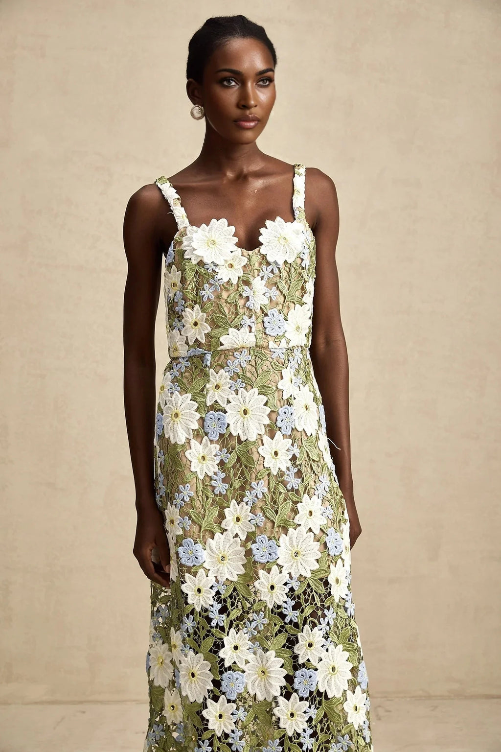 Santa Midi Dress Green Floral Embroidered Hollow - Carved